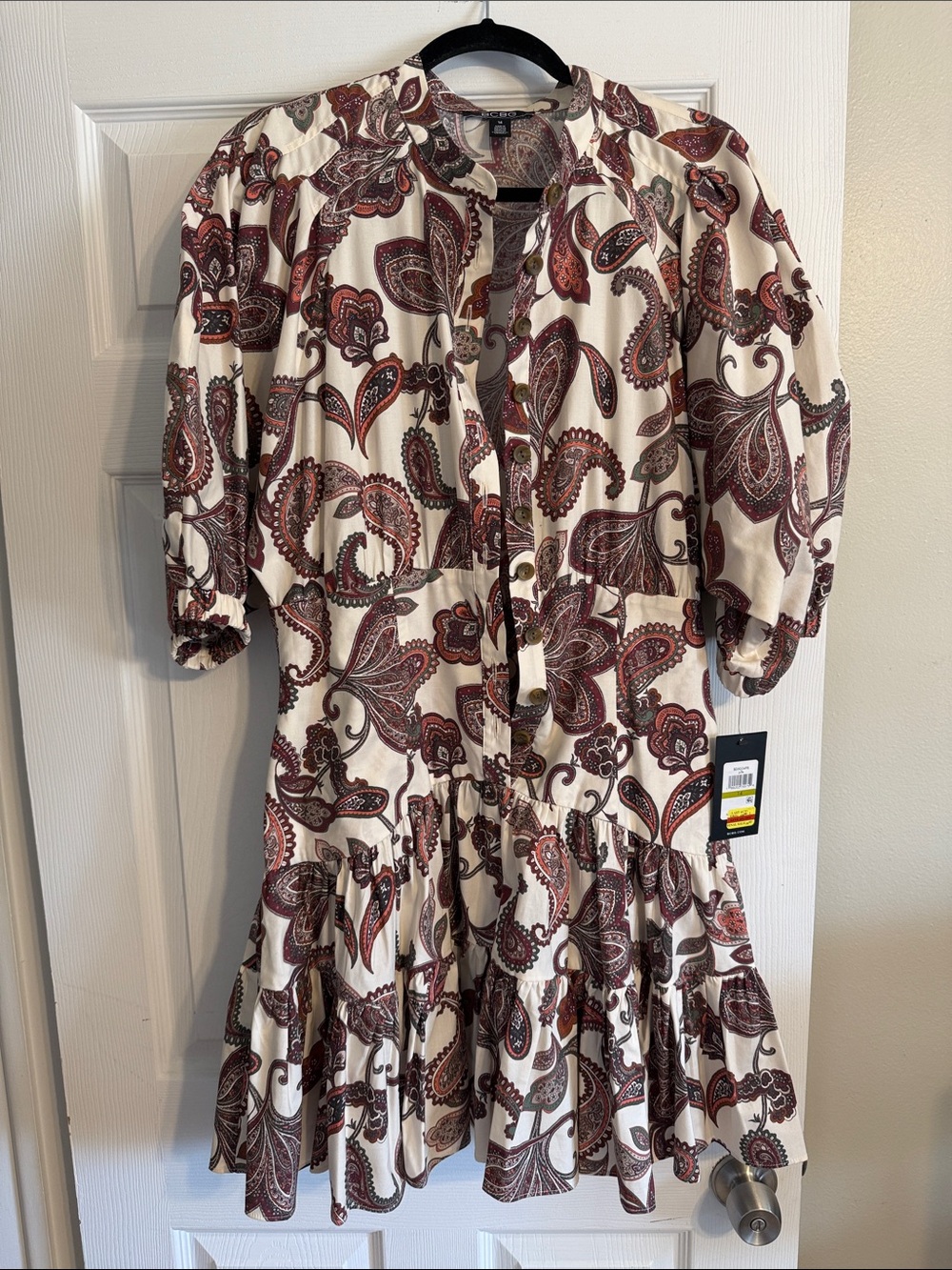 NWT BCBG Cream Midi Dress with Burgundy Paisley Print